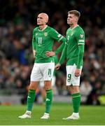 13 October 2023; Will Smallbone, left, and Evan Ferguson of Republic of Ireland during the UEFA EURO 2024 Championship qualifying group B match between Republic of Ireland and Greece at the Aviva Stadium in Dublin. Photo by Seb Daly/Sportsfile