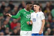 13 October 2023; Chiedozie Ogbene of Republic of Ireland and Petros Mantalos of Greece during the UEFA EURO 2024 Championship qualifying group B match between Republic of Ireland and Greece at the Aviva Stadium in Dublin. Photo by Seb Daly/Sportsfile
