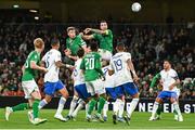 13 October 2023; Shane Duffy of Republic of Ireland has a header on goal during the UEFA EURO 2024 Championship qualifying group B match between Republic of Ireland and Greece at the Aviva Stadium in Dublin. Photo by Stephen McCarthy/Sportsfile