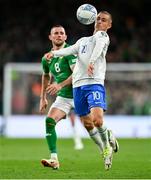 13 October 2023; Dimitris Pelkas of Greece in action against Alan Browne of Republic of Ireland during the UEFA EURO 2024 Championship qualifying group B match between Republic of Ireland and Greece at the Aviva Stadium in Dublin. Photo by Tyler Miller/Sportsfile