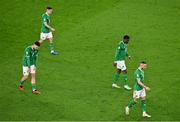 13 October 2023; Republic of Ireland players, from left, Matt Doherty, Josh Cullen, Chiedozie Ogbene and Alan Browne react after conceding a second goal during the UEFA EURO 2024 Championship qualifying group B match between Republic of Ireland and Greece at the Aviva Stadium in Dublin. Photo by Sam Barnes/Sportsfile