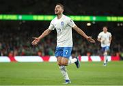 13 October 2023; Giorgos Masouras of Greece celebrates after scoring his side's second goal during the UEFA EURO 2024 Championship qualifying group B match between Republic of Ireland and Greece at the Aviva Stadium in Dublin. Photo by Michael P Ryan/Sportsfile