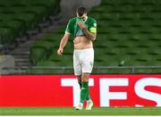 13 October 2023; Shane Duffy of Republic of Ireland after his side conceded a second goal during the UEFA EURO 2024 Championship qualifying group B match between Republic of Ireland and Greece at the Aviva Stadium in Dublin. Photo by Seb Daly/Sportsfile