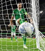 13 October 2023; Shane Duffy of Republic of Ireland reacts after his side concede a second goal during the UEFA EURO 2024 Championship qualifying group B match between Republic of Ireland and Greece at the Aviva Stadium in Dublin. Photo by Seb Daly/Sportsfile