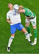 13 October 2023; Liam Scales of Republic of Ireland in action against Giorgos Giakoumakis of Greece during the UEFA EURO 2024 Championship qualifying group B match between Republic of Ireland and Greece at the Aviva Stadium in Dublin. Photo by Sam Barnes/Sportsfile