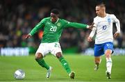 13 October 2023; Chiedozie Ogbene of Republic of Ireland in action against Dimitris Pelkas of Greece during the UEFA EURO 2024 Championship qualifying group B match between Republic of Ireland and Greece at the Aviva Stadium in Dublin. Photo by Seb Daly/Sportsfile