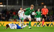 13 October 2023; Liam Scales of Republic of Ireland in action against Giorgos Giakoumakis of Greece during the UEFA EURO 2024 Championship qualifying group B match between Republic of Ireland and Greece at the Aviva Stadium in Dublin. Photo by Tyler Miller/Sportsfile