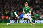 13 October 2023; Liam Scales of Republic of Ireland in action against Fotis Ioannidis of Greece during the UEFA EURO 2024 Championship qualifying group B match between Republic of Ireland and Greece at the Aviva Stadium in Dublin. Photo by Stephen McCarthy/Sportsfile