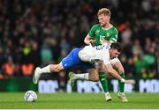 13 October 2023; Fotis Ioannidis of Greece in action against Liam Scales of Republic of Ireland during the UEFA EURO 2024 Championship qualifying group B match between Republic of Ireland and Greece at the Aviva Stadium in Dublin. Photo by Stephen McCarthy/Sportsfile