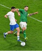 13 October 2023; Giorgos Masouras of Greece is tackled by Shane Duffy of Republic of Ireland during the UEFA EURO 2024 Championship qualifying group B match between Republic of Ireland and Greece at the Aviva Stadium in Dublin. Photo by Sam Barnes/Sportsfile