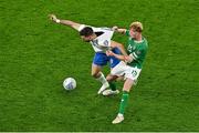 13 October 2023; Liam Scales of Republic of Ireland in action against Fotis Ioannidis of Greece during the UEFA EURO 2024 Championship qualifying group B match between Republic of Ireland and Greece at the Aviva Stadium in Dublin. Photo by Sam Barnes/Sportsfile