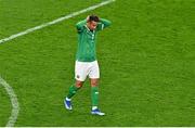 13 October 2023; Callum Robinson of Republic of Ireland reacts during the UEFA EURO 2024 Championship qualifying group B match between Republic of Ireland and Greece at the Aviva Stadium in Dublin. Photo by Sam Barnes/Sportsfile