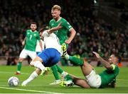 13 October 2023; Fotis Ioannidis of Greece is tackled by Shane Duffy of Republic of Ireland during the UEFA EURO 2024 Championship qualifying group B match between Republic of Ireland and Greece at the Aviva Stadium in Dublin. Photo by Michael P Ryan/Sportsfile