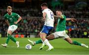 13 October 2023; Fotis Ioannidis of Greece is tackled by Shane Duffy of Republic of Ireland during the UEFA EURO 2024 Championship qualifying group B match between Republic of Ireland and Greece at the Aviva Stadium in Dublin. Photo by Michael P Ryan/Sportsfile
