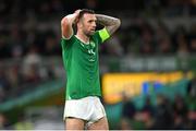13 October 2023; Shane Duffy of Republic of Ireland reacts after a missed opportunity on goal during the UEFA EURO 2024 Championship qualifying group B match between Republic of Ireland and Greece at the Aviva Stadium in Dublin. Photo by Seb Daly/Sportsfile