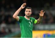 13 October 2023; Shane Duffy of Republic of Ireland reacts after a missed opportunity on goal during the UEFA EURO 2024 Championship qualifying group B match between Republic of Ireland and Greece at the Aviva Stadium in Dublin. Photo by Seb Daly/Sportsfile