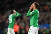 13 October 2023; Callum Robinson of Republic of Ireland reacts after a missed opportunity on goal during the UEFA EURO 2024 Championship qualifying group B match between Republic of Ireland and Greece at the Aviva Stadium in Dublin. Photo by Seb Daly/Sportsfile