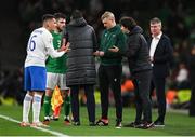 13 October 2023; Greece manager Gus Poyet in conversation to fourth official Adam Ladebäck about the use a possible sixth substitution during the UEFA EURO 2024 Championship qualifying group B match between Republic of Ireland and Greece at the Aviva Stadium in Dublin. Photo by Stephen McCarthy/Sportsfile