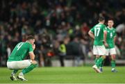13 October 2023; Shane Duffy of Republic of Ireland reacts at the final whistle during the UEFA EURO 2024 Championship qualifying group B match between Republic of Ireland and Greece at the Aviva Stadium in Dublin. Photo by Michael P Ryan/Sportsfile