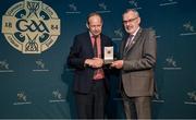 13 October 2023; John Scally, Shannonside Radio, is presented with the 2021 MacNamee Best GAA Related Radio Programme Award by Uachtarán Chumann Lúthchleas Gael Larry McCarthy during the GAA MacNamee Awards 2021 & 2022 at Cusack Suite in Croke Park, Dublin. Photo by David Fitzgerald/Sportsfile