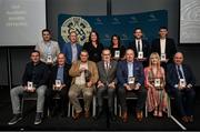 13 October 2023; The 2022 GAA MacNamee Award winners with Uachtarán Chumann Lúthchleas Gael Larry McCarthy during the GAA MacNamee Awards 2021 & 2022 at Cusack Suite in Croke Park, Dublin. Photo by David Fitzgerald/Sportsfile