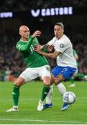 13 October 2023; Will Smallbone of Republic of Ireland in action against Kostas Tsimikas of Greece during the UEFA EURO 2024 Championship qualifying group B match between Republic of Ireland and Greece at the Aviva Stadium in Dublin. Photo by Seb Daly/Sportsfile