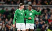 13 October 2023; Republic of Ireland players Evan Ferguson, left, and Chiedozie Ogbene during the UEFA EURO 2024 Championship qualifying group B match between Republic of Ireland and Greece at the Aviva Stadium in Dublin. Photo by Seb Daly/Sportsfile