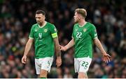 13 October 2023; Republic of Ireland players Shane Duffy, left, and Nathan Collins during the UEFA EURO 2024 Championship qualifying group B match between Republic of Ireland and Greece at the Aviva Stadium in Dublin. Photo by Seb Daly/Sportsfile