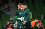 13 October 2023; Republic of Ireland goalkeeper Gavin Bazunu, centre, with teammates Mark Travers, left, and Max O'Leary before the UEFA EURO 2024 Championship qualifying group B match between Republic of Ireland and Greece at the Aviva Stadium in Dublin. Photo by Seb Daly/Sportsfile