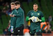13 October 2023; Republic of Ireland goalkeeper Gavin Bazunu, right, with teammates Mark Travers, left, and Max O'Leary before the UEFA EURO 2024 Championship qualifying group B match between Republic of Ireland and Greece at the Aviva Stadium in Dublin. Photo by Seb Daly/Sportsfile