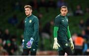 13 October 2023; Republic of Ireland goalkeepers Gavin Bazunu, right, and Mark Travers before the UEFA EURO 2024 Championship qualifying group B match between Republic of Ireland and Greece at the Aviva Stadium in Dublin. Photo by Seb Daly/Sportsfile