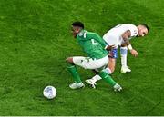 13 October 2023; Chiedozie Ogbene of Republic of Ireland is fouled by Dimitris Kourbelis of Greece during the UEFA EURO 2024 Championship qualifying group B match between Republic of Ireland and Greece at the Aviva Stadium in Dublin. Photo by Sam Barnes/Sportsfile
