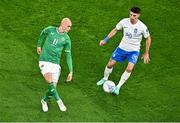 13 October 2023; Will Smallbone of Republic of Ireland in action against Petros Mantalos of Greece during the UEFA EURO 2024 Championship qualifying group B match between Republic of Ireland and Greece at the Aviva Stadium in Dublin. Photo by Sam Barnes/Sportsfile