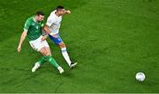 13 October 2023; Shane Duffy of Republic of Ireland in action against Giorgos Giakoumakis of Greece during the UEFA EURO 2024 Championship qualifying group B match between Republic of Ireland and Greece at the Aviva Stadium in Dublin. Photo by Sam Barnes/Sportsfile