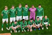 The Republic of Ireland team, back row, from left, Liam Scales, Evan Ferguson, Nathan Collins, captain Shane Duffy, goalkeeper Gavin Bazunu and Matt Doherty. Front row, from left, Alan Browne, Chiedozie Ogbene, Jason Knight, Josh Cullen and Will Smallbone before the UEFA EURO 2024 Championship qualifying group B match between Republic of Ireland and Greece at the Aviva Stadium in Dublin. Photo by Sam Barnes/Sportsfile
