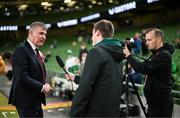 13 October 2023; Republic of Ireland manager Stephen Kenny speaks to FAI TV before the UEFA EURO 2024 Championship qualifying group B match between Republic of Ireland and Greece at the Aviva Stadium in Dublin. Photo by Stephen McCarthy/Sportsfile