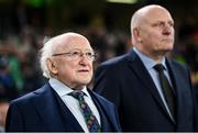 13 October 2023; President of Ireland Michael D Higgins and FAI President Gerry McAnaney, right, before the UEFA EURO 2024 Championship qualifying group B match between Republic of Ireland and Greece at the Aviva Stadium in Dublin. Photo by Stephen McCarthy/Sportsfile