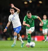 13 October 2023; Jason Knight of Republic of Ireland in action against Petros Mantalos of Greece during the UEFA EURO 2024 Championship qualifying group B match between Republic of Ireland and Greece at the Aviva Stadium in Dublin. Photo by Stephen McCarthy/Sportsfile