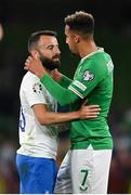 13 October 2023; Manolis Siopis of Greece and Callum Robinson of Republic of Ireland after the UEFA EURO 2024 Championship qualifying group B match between Republic of Ireland and Greece at the Aviva Stadium in Dublin. Photo by Stephen McCarthy/Sportsfile