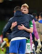 13 October 2023; Liam Scales of Republic of Ireland and Giorgos Giakoumakis of Greece after the UEFA EURO 2024 Championship qualifying group B match between Republic of Ireland and Greece at the Aviva Stadium in Dublin. Photo by Stephen McCarthy/Sportsfile