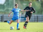14 October 2023; Lauryn O'Callaghan of Peamount United in action against Ciara Rossiter of Wexford Youths during the SSE Airtricity Women's Premier Division match between Wexford Youths and Peamount United at Ferrycarrig Park in Wexford. Photo by Piaras Ó Mídheach/Sportsfile
