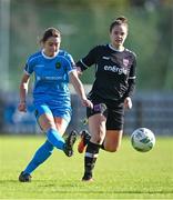 14 October 2023; Lauryn O'Callaghan of Peamount United in action against Ciara Rossiter of Wexford Youths during the SSE Airtricity Women's Premier Division match between Wexford Youths and Peamount United at Ferrycarrig Park in Wexford. Photo by Piaras Ó Mídheach/Sportsfile