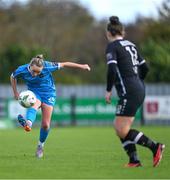 14 October 2023; Freya Healy of Peamount United passes under pressure from Ciara Rossiter of Wexford Youths during the SSE Airtricity Women's Premier Division match between Wexford Youths and Peamount United at Ferrycarrig Park in Wexford. Photo by Piaras Ó Mídheach/Sportsfile