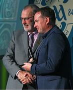 13 October 2023; Damian Lawlor is presented with the 2022 Best GAA Publication Award by Uachtarán Chumann Lúthchleas Gael Larry McCarthy during the GAA MacNamee Awards 2021 & 2022 at Cusack Suite in Croke Park, Dublin. Photo by Ray McManus/Sportsfile