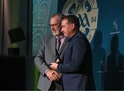 13 October 2023; Damian Lawlor is presented with the 2022 Best GAA Publication Award by Uachtarán Chumann Lúthchleas Gael Larry McCarthy during the GAA MacNamee Awards 2021 & 2022 at Cusack Suite in Croke Park, Dublin. Photo by Ray McManus/Sportsfile
