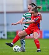 14 October 2023; Pearl Slattery of Shelbourne in action against Joy Ralph of Shamrock Rovers during the FAI Women's Cup semi-final match between Shamrock Rovers and Shelbourne at Tallaght Stadium in Dublin. Photo by Ben McShane/Sportsfile
