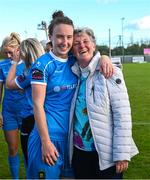14 October 2023; Peamount United captain Karen Duggan celebrates with her mother Bernie after claiming the title after victory in the SSE Airtricity Women's Premier Division match between Wexford Youths and Peamount United at Ferrycarrig Park in Wexford. Photo by Piaras Ó Mídheach/Sportsfile