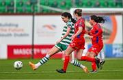 14 October 2023; Aoife Kelly of Shamrock Rovers in action against Rachel Graham, centre, and Megan Smyth-Lynch of Shelbourne during the FAI Women's Cup semi-final match between Shamrock Rovers and Shelbourne at Tallaght Stadium in Dublin. Photo by Ben McShane/Sportsfile