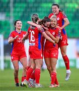 14 October 2023; Hannah Healy of Shelbourne, centre, celebrates with teammates after scoring their side's second goal during the FAI Women's Cup semi-final match between Shamrock Rovers and Shelbourne at Tallaght Stadium in Dublin. Photo by Ben McShane/Sportsfile