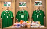 14 October 2023; Republic of Ireland jerseys hanging in the dressing room before the UEFA European U17 Championship qualifying round 10 match between Republic of Ireland and Iceland at Turner's Cross in Cork. Photo by Eóin Noonan/Sportsfile